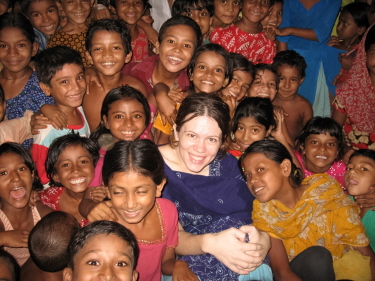 Megan with kids from a testing group